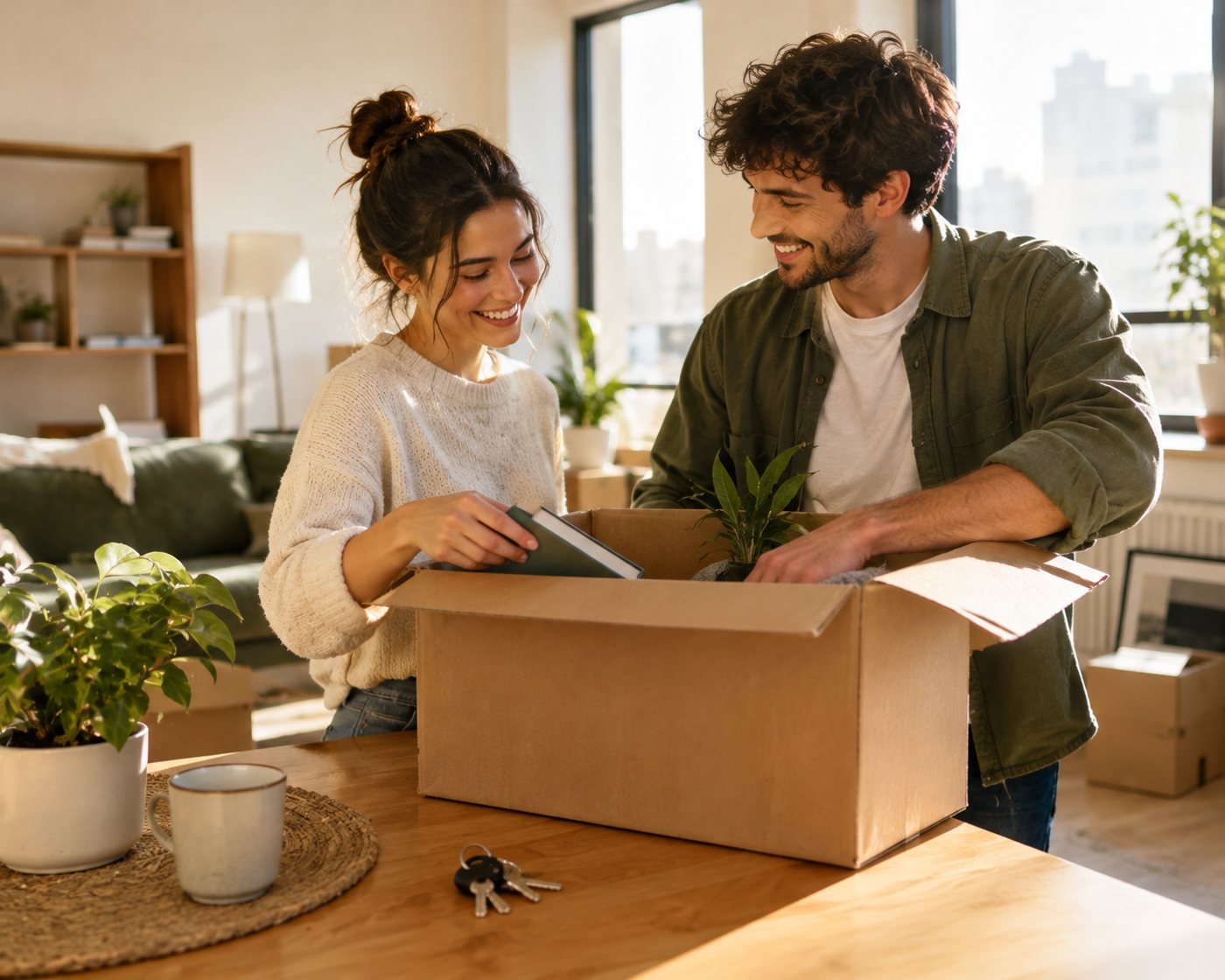 Pareja desempaquetando cajas en su nuevo piso de alquiler