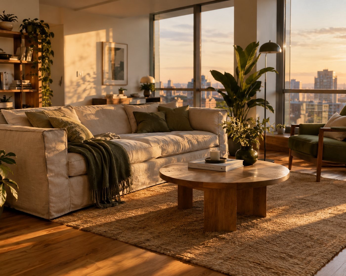 Salón luminoso al atardecer con sofá, plantas y grandes ventanales